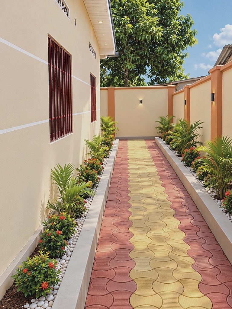 Allée pavée de la villa, pavage et jardins